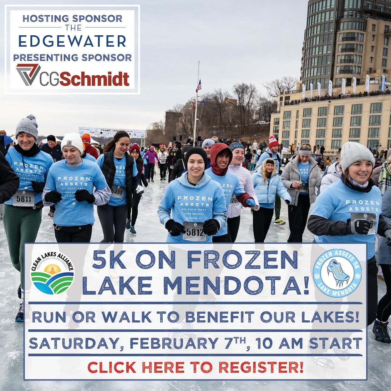 Display Ad for Clean Lakes Alliance; 5k on frozen lake Mendota! Saturday, February 7th. 10 AM Start