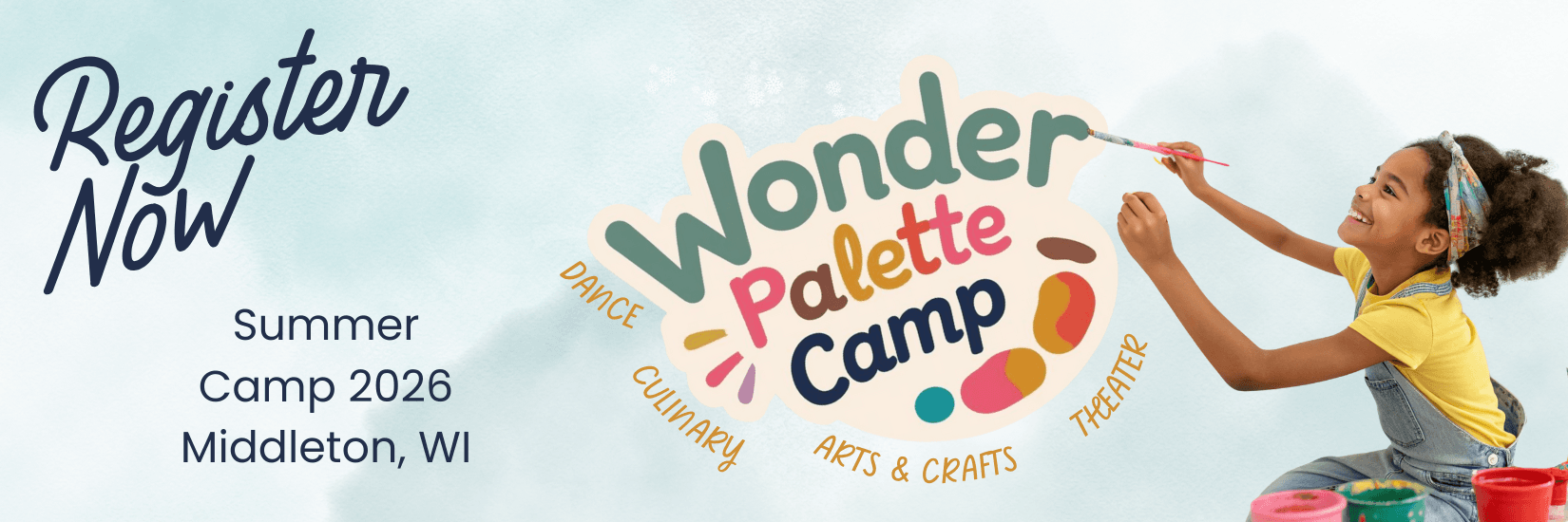 Display ad for Wonder Palette Camp; image of girl painting